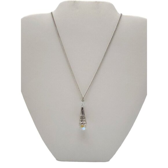 Crystal Teardrop Pendant Chain Necklace Spring Ring Closure Silver Tone Vintage - Picture 1 of 6